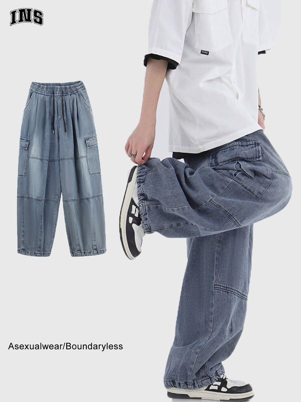 2022 new style washed silhouette jeans national fashion brand Hip Hop couple loose wide leg overalls trousers for men and women