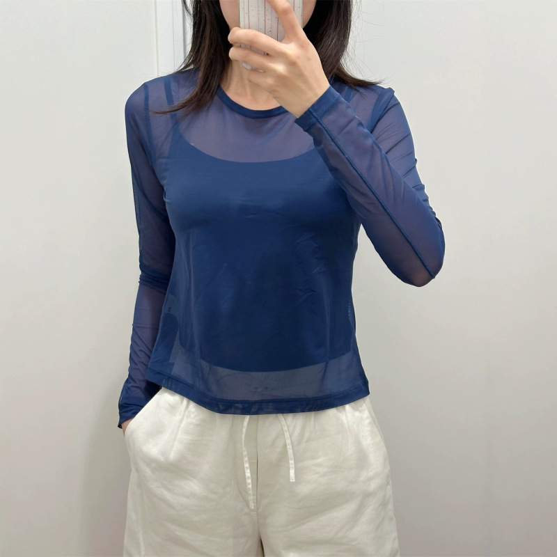 Women's Sheer Round-Neck T-Shirt/Long-Sleeve Mesh Base Layer Sun Protection Shirt Air Conditioning Shirt 26 Spring/Summer New Model Al484795