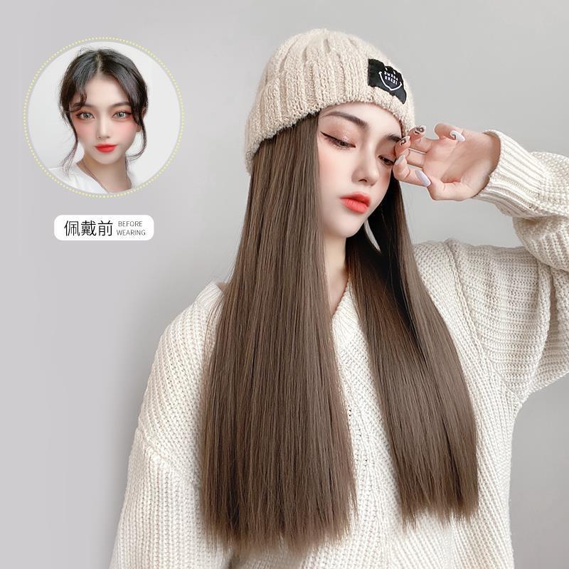 Peluca de las mujeres Peluca de pelo largo sombrero integrado Red de moda rojo Otoño e Invierno sombrero de punto largo cabello recto natural cubierta de la cabeza completa