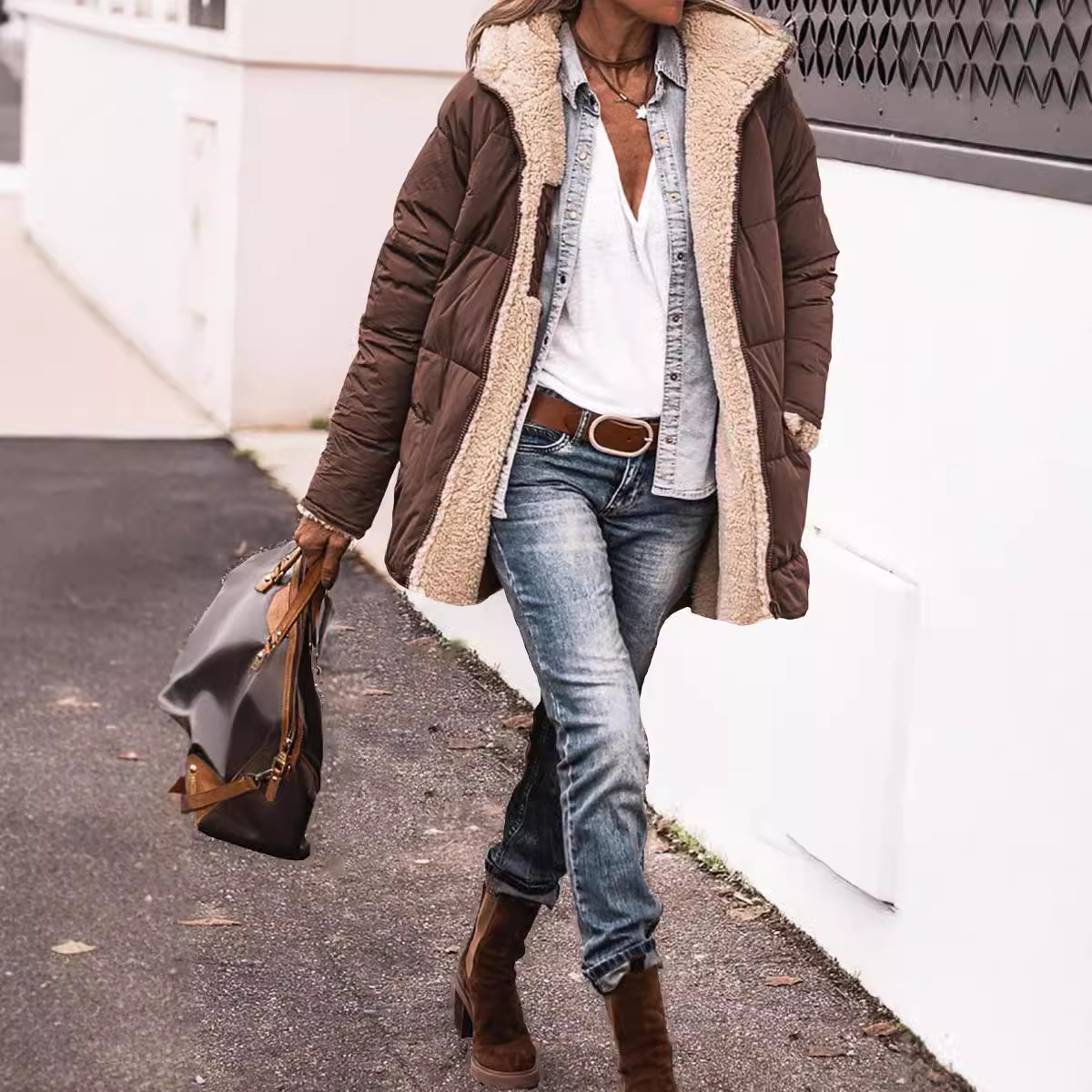 2023亚马逊欧美纯色连帽棉服长袖双面穿修身气质开衫外套上衣