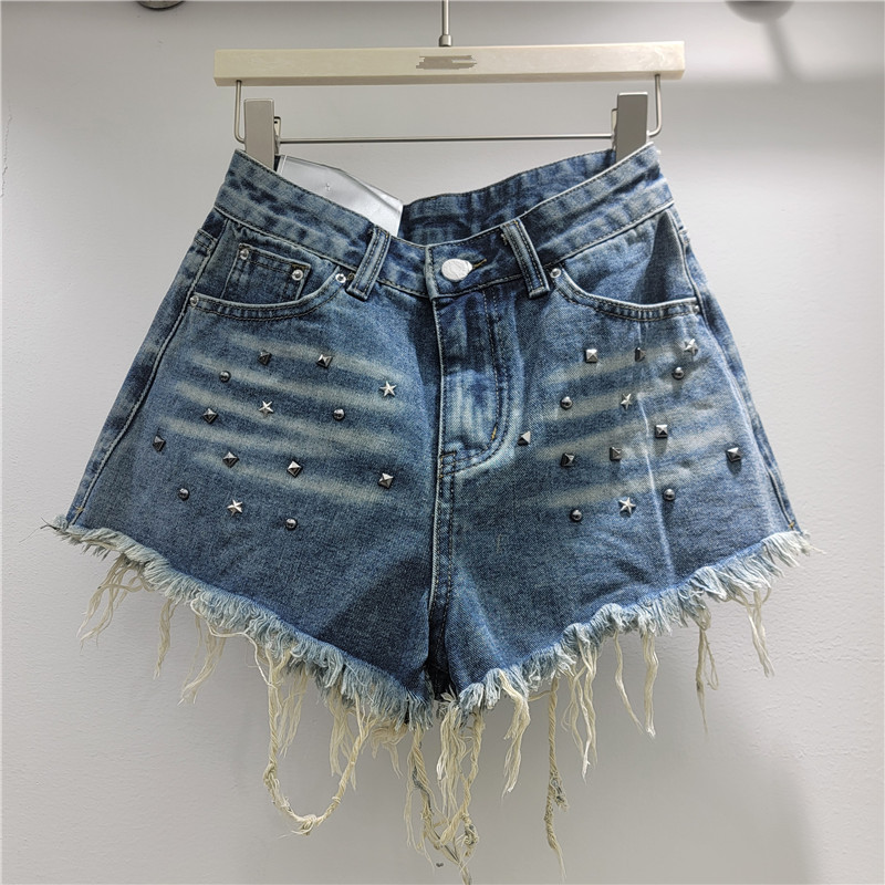 Pantalón Corto de Mezclilla con Remaches para Mujer de Cintura Baja con Bordes Deshilachados para Verano
