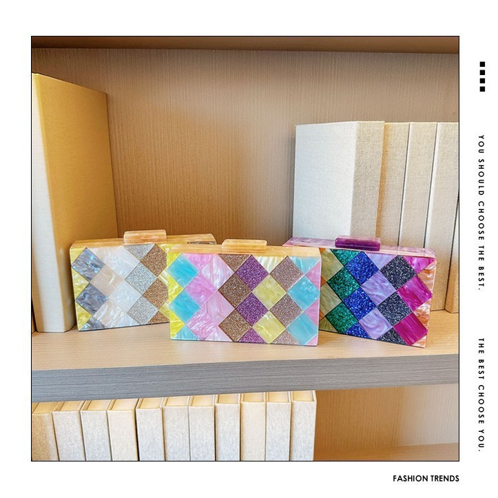 Nuevas bolsas de cena de damas transfronterizas empalmadas rango acrílico bolsas de cena de hombro de una sola mano de boda inclinada