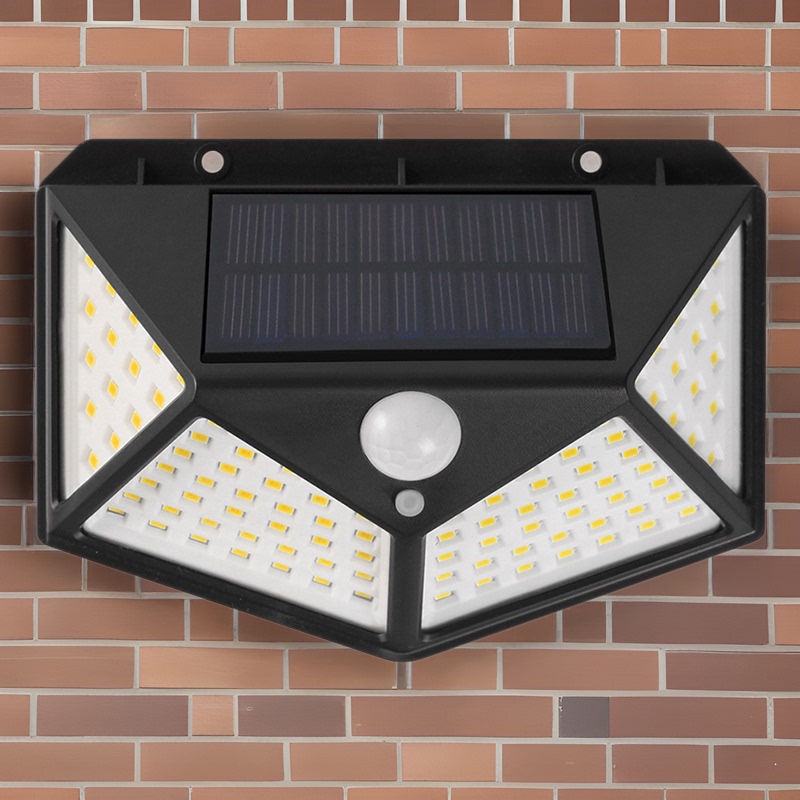 New 100LED solar rechargeable wall lamp four-sided light-emitting human body induction lamp outdoor lighting modern garden lamp