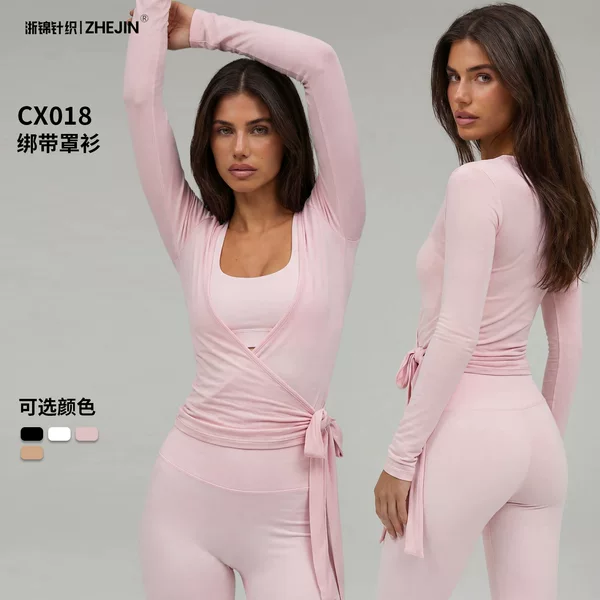 Ballet-Style Long-Sleeved Top with Mesh Breathable Fabric for Outdoor Sports, Cross V-Neck Tie-Up Cover-Up, Fitness Wear, Yoga Wear
