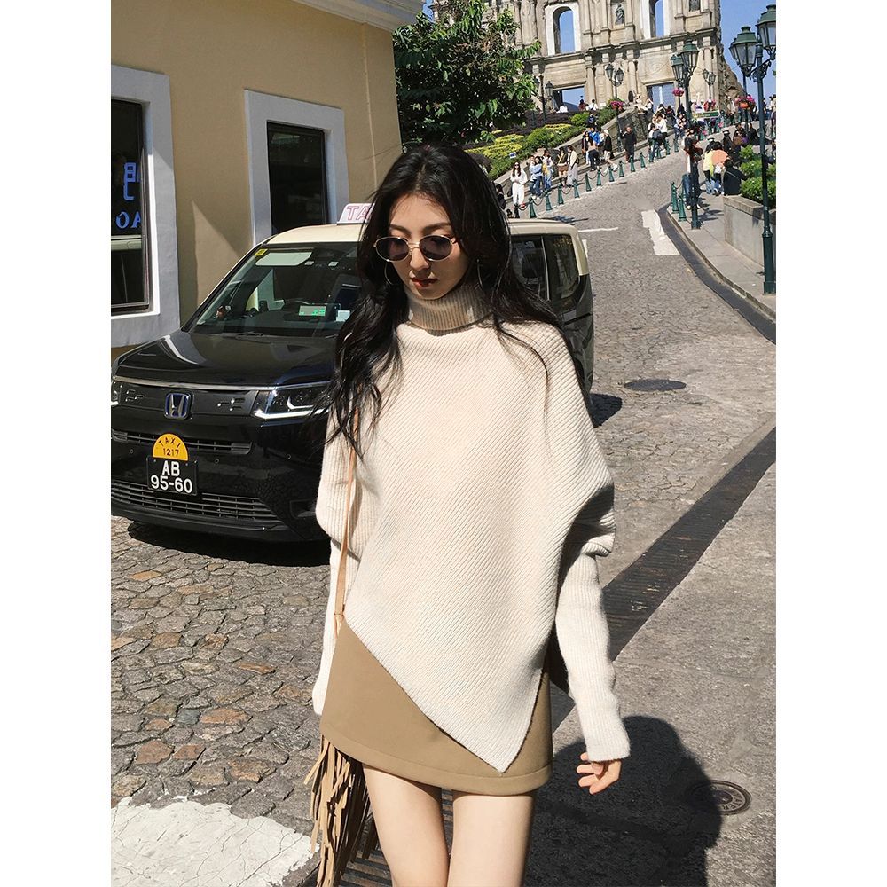 Korean Style Irregular High-Neck Design Sweater for Women, Spring and Autumn, Unique Loose-Fitting Knit Top