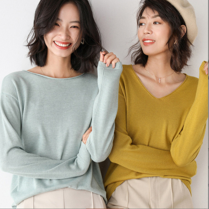 现货批发2024春秋新款针织衫女圆领韩版宽松内搭毛衣女百搭打底衫