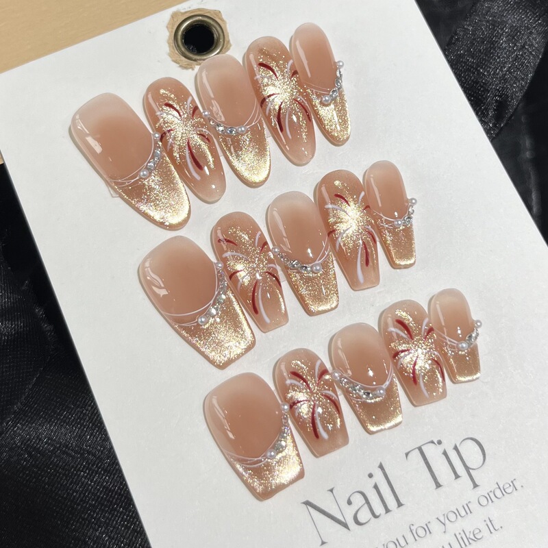 Wholesale French blush handmade phototherapy wearable nail piece hand-painted fireworks golden cat's eye white high goods boutique