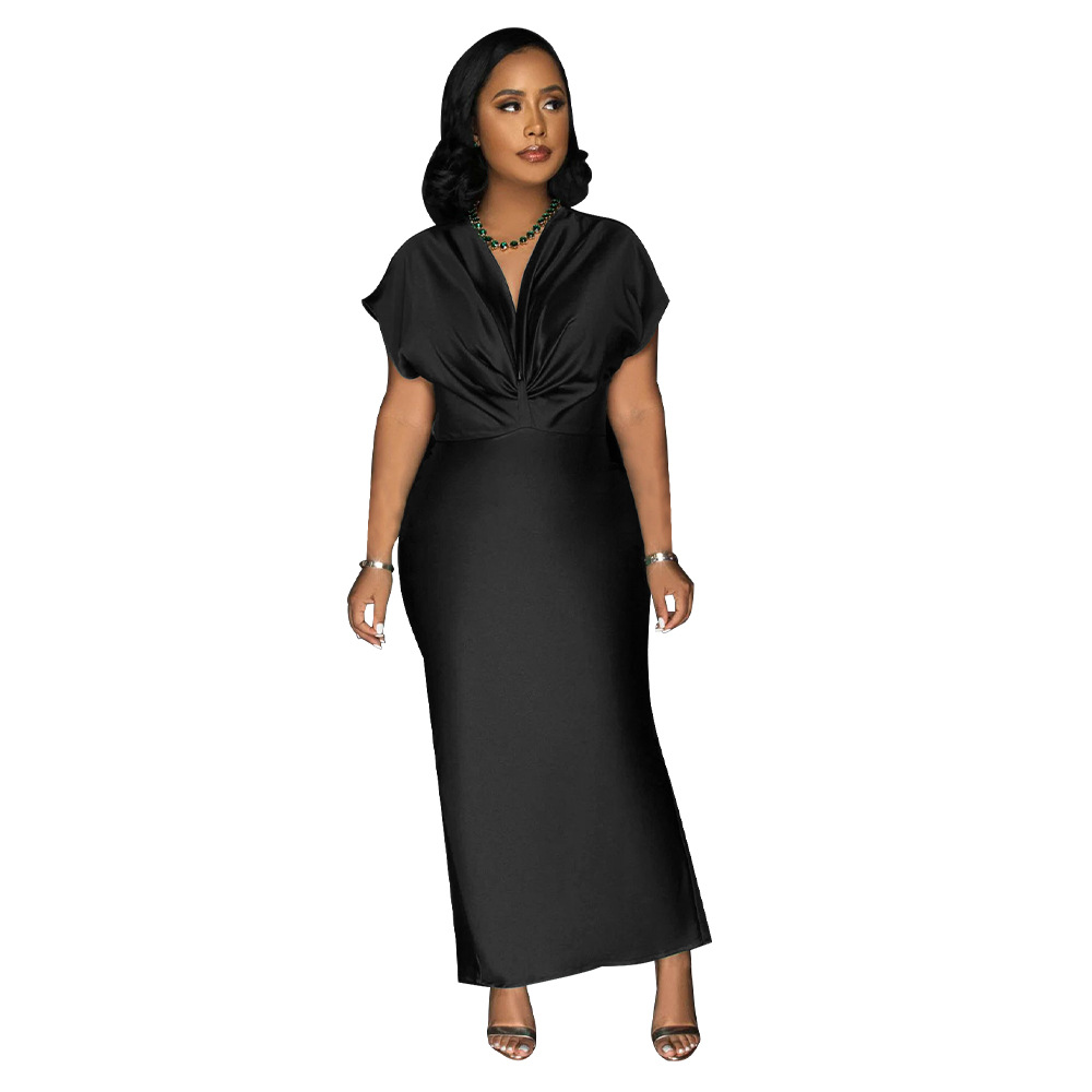 Women's V Neck Short Sleeve Dress Elegant Slim Fit with Back Slit K10697 AliExpress European And American Cross Border Fashion New_ecoleips.com
