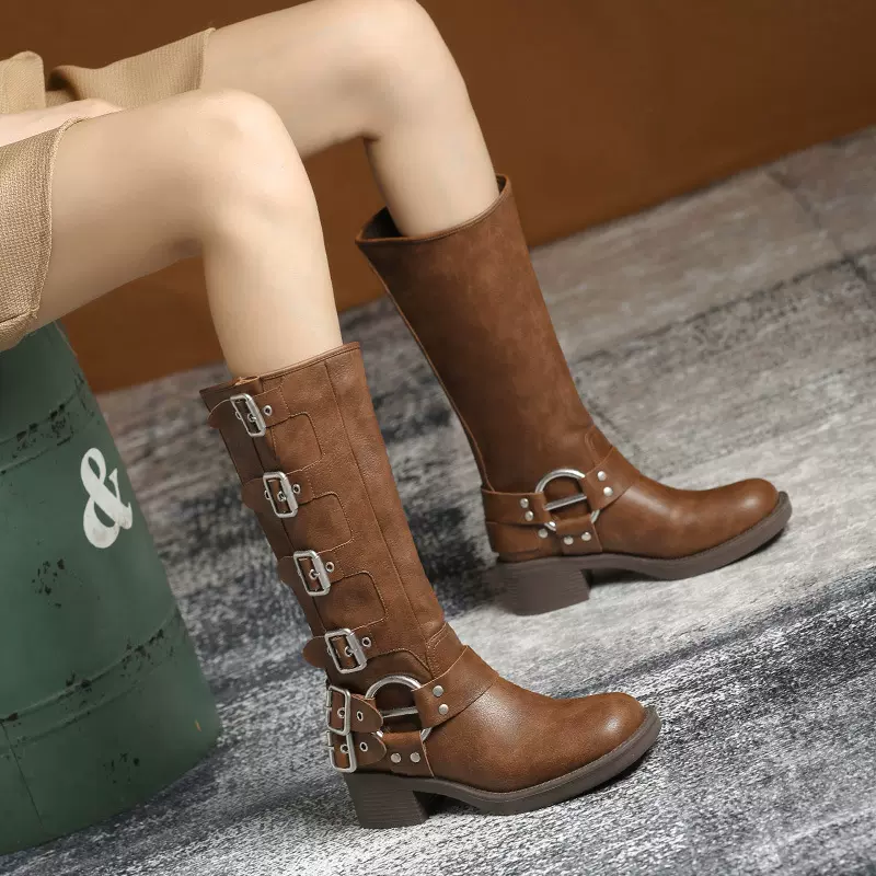 特价西部牛仔靴女欧美帅气圆头金属扣骑士靴粗跟圆头长筒靴烟筒靴