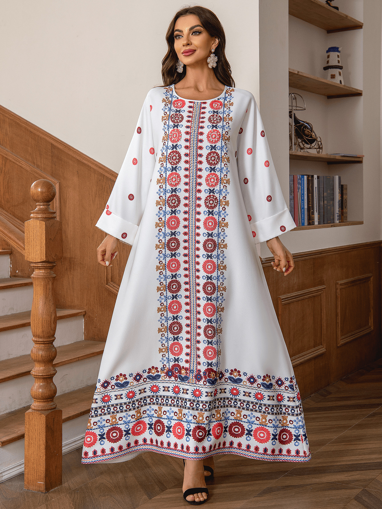 ZD028 Cross-border Middle Eastern Foreign Trade Muslim Ethnic Long Dress With Printed Gold Foil And Beading Elegant_ecoleips.com