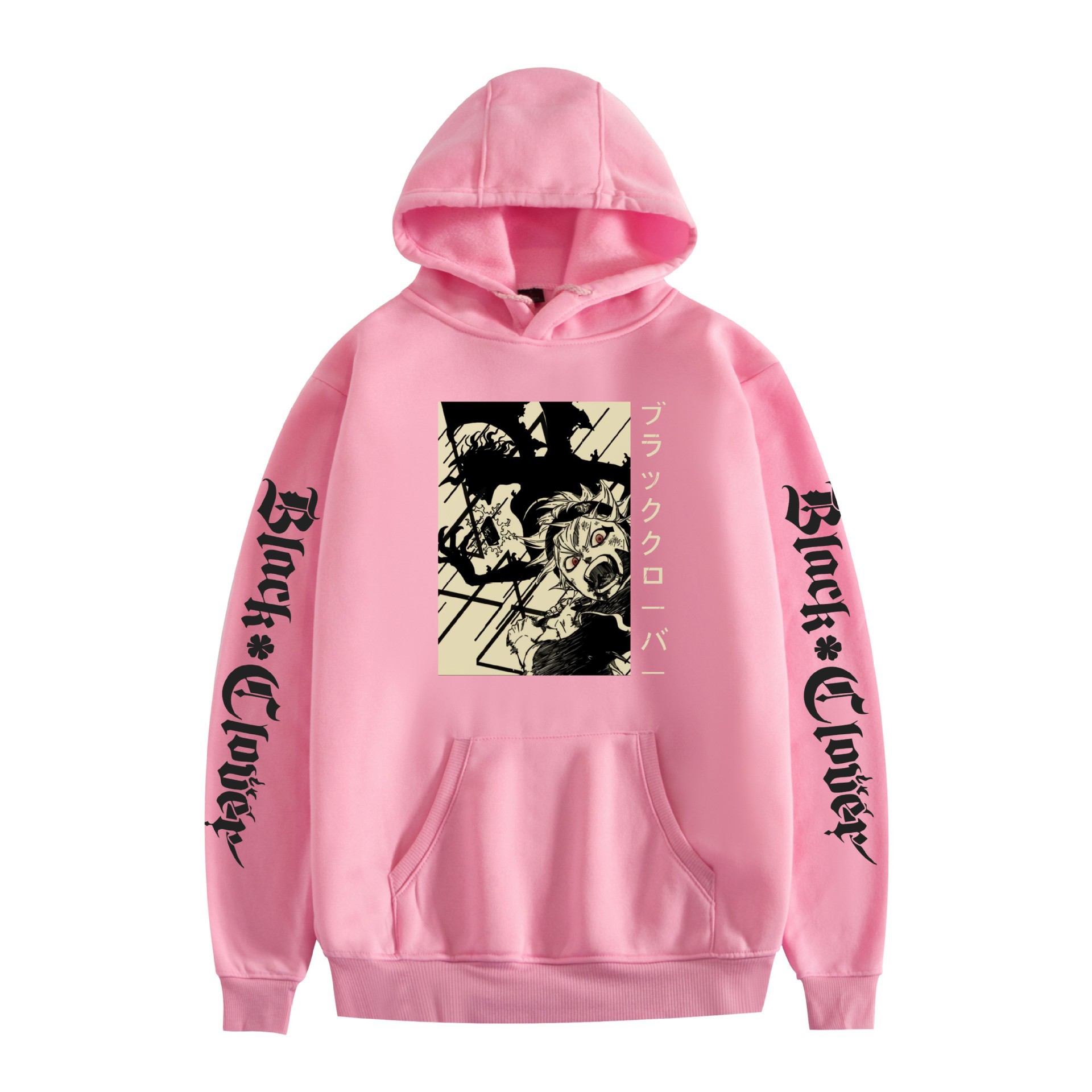 Suéter con capucha periférico de animación de trébol de cuatro hojas negro bidimensional marca de moda sudadera con capucha suelta casual más chaqueta de terciopelo nuevo