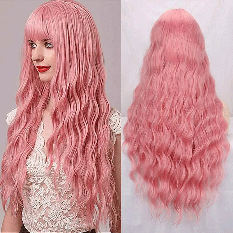 Pink Wave Synthetic Clip-in Hair Wig With Sophisticated Bangs_voghion.com