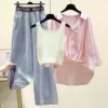 T-shirt, fuchsia shirt, jeans