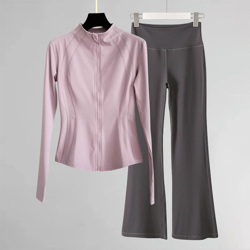 Women's Long Sleeve Nudie Yoga Jacket, Spring and Autumn Zippered Outdoor Fitness Running Sport Coat Set