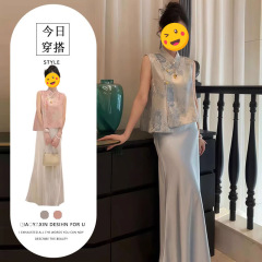 シングルピース/新しい中国風のブルーの女性の夏の新しい気質禅風改良されたチャイナドレストップスとスカートトレンディ