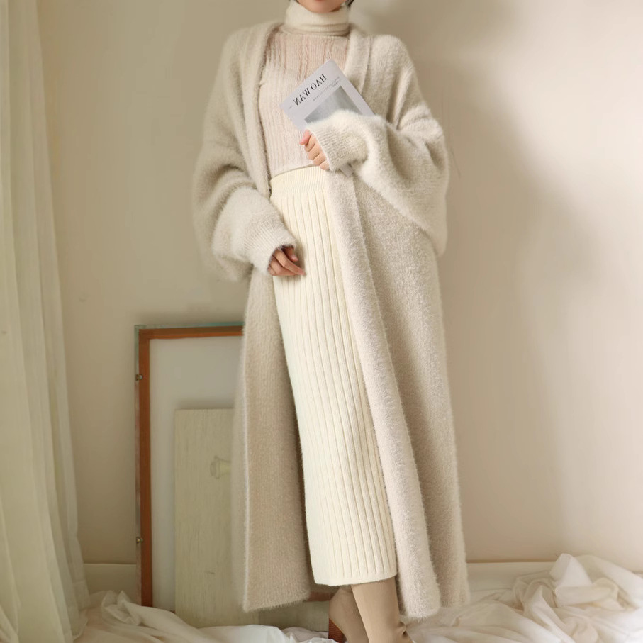 超长款仿水貂绒开衫外套宽松大码加厚中长款貂毛慵懒风针织毛衣女