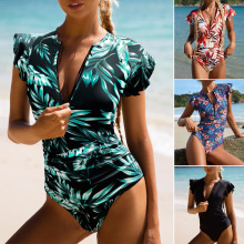 2025跨境速卖通连体泳衣女拉链款飞边袖印花显瘦保守三角外贸泳装