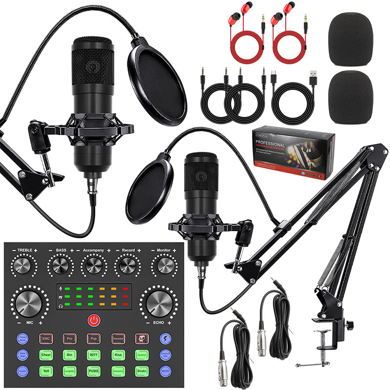 Dual Microphone Bm800 Condenser Microphone Set English Sound Card Equipment Live Broadcast Full Set V8S Mobile Phone Computer Recording