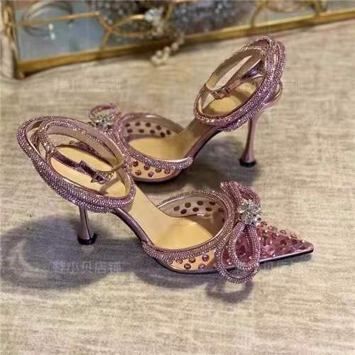 Cross-Border Wholesale European and American Style New Bow Color Rhinestone Heels Pointed Toe Transparent Sandals Women's Stiletto High Heels