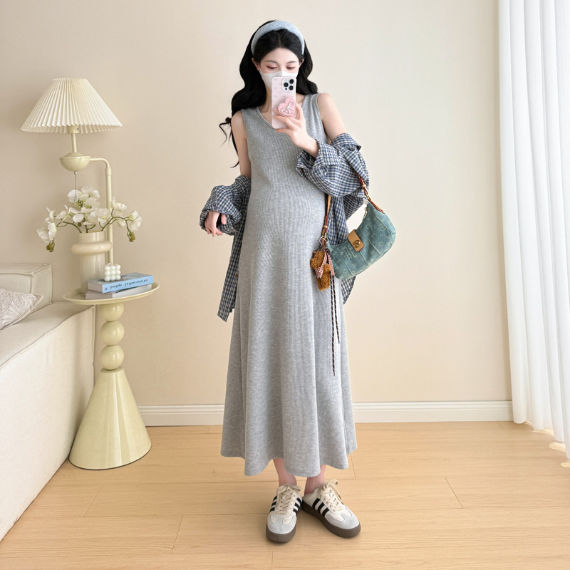 孕妇装秋装长袖格子衬衫秋季背心裙春秋两件套连衣裙套装休闲裙子|undefined