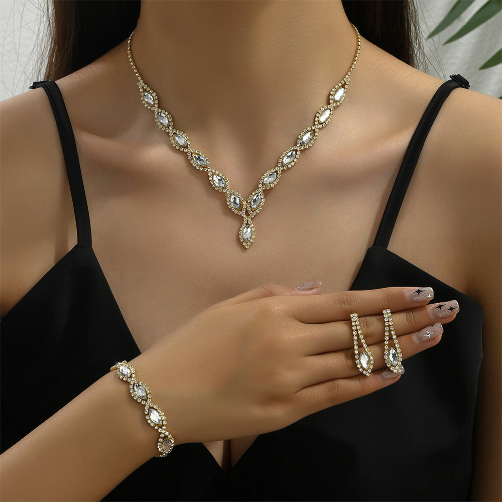 Designer Style Fashion Personality Wave Light Rhinestone Necklace Earrings Bracelet Bridal Se_voghion.com