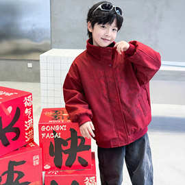 男童冬季红韵龙纹加绒年服2025新款冬装中大童帅气韩版棉衣外套潮