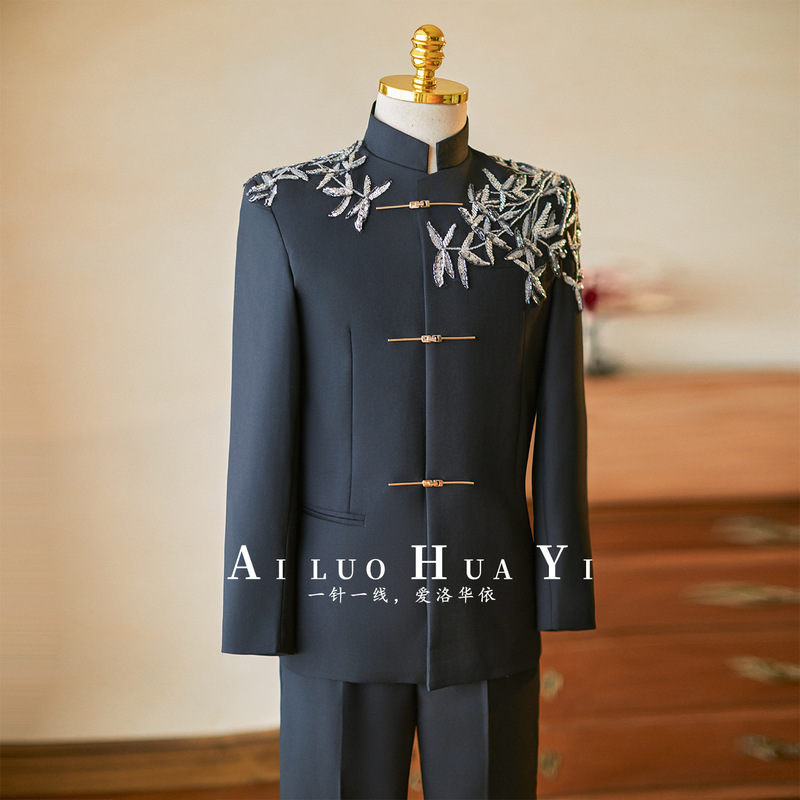 New Chinese Style Men's Engagement Suit, Wedding Suit, Groom's Wedding Suit, Chinese Style Tunic Wedding Suit