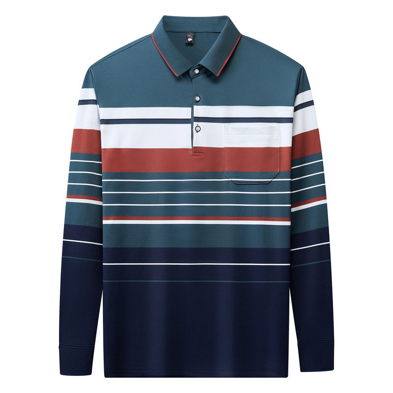 Branded middle-aged men's long-sleeve pure cotton T-shirt, spring and autumn style, with a turn-down collar, real pockets, striped polo shirt Branded middle-aged men's long-sleeve pure cotton T-shirt, spring and autumn style, with a turn-down collar, real pockets, striped polo shirt