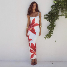 欧美风2025夏季速卖通外贸女装新款性感吊带花朵印花修身长连衣裙