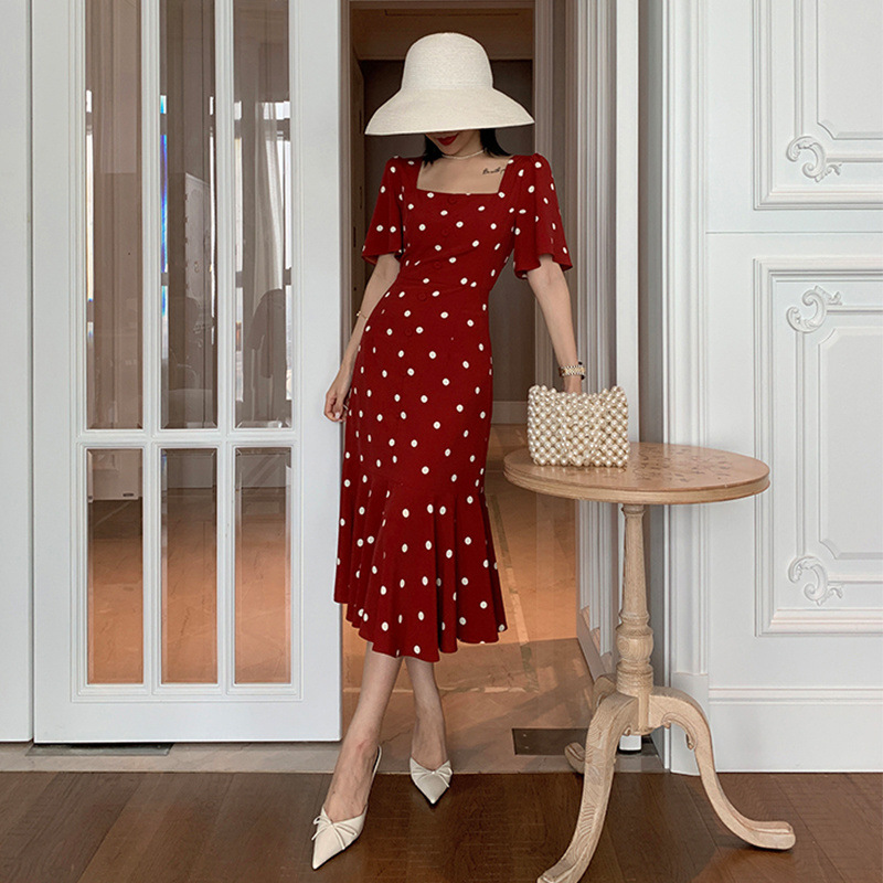 Red retro summer long skirt
