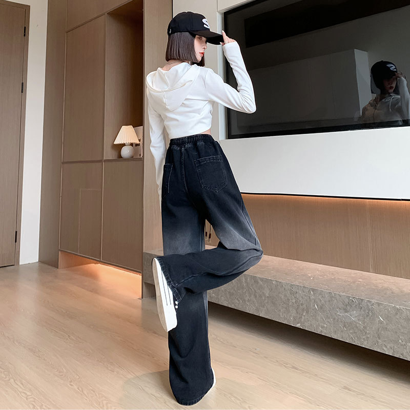 Autumn and winter plush and thickened fashionable gradient denim wide leg pants for women in 2023, new large-sized high waisted loose straight leg pants