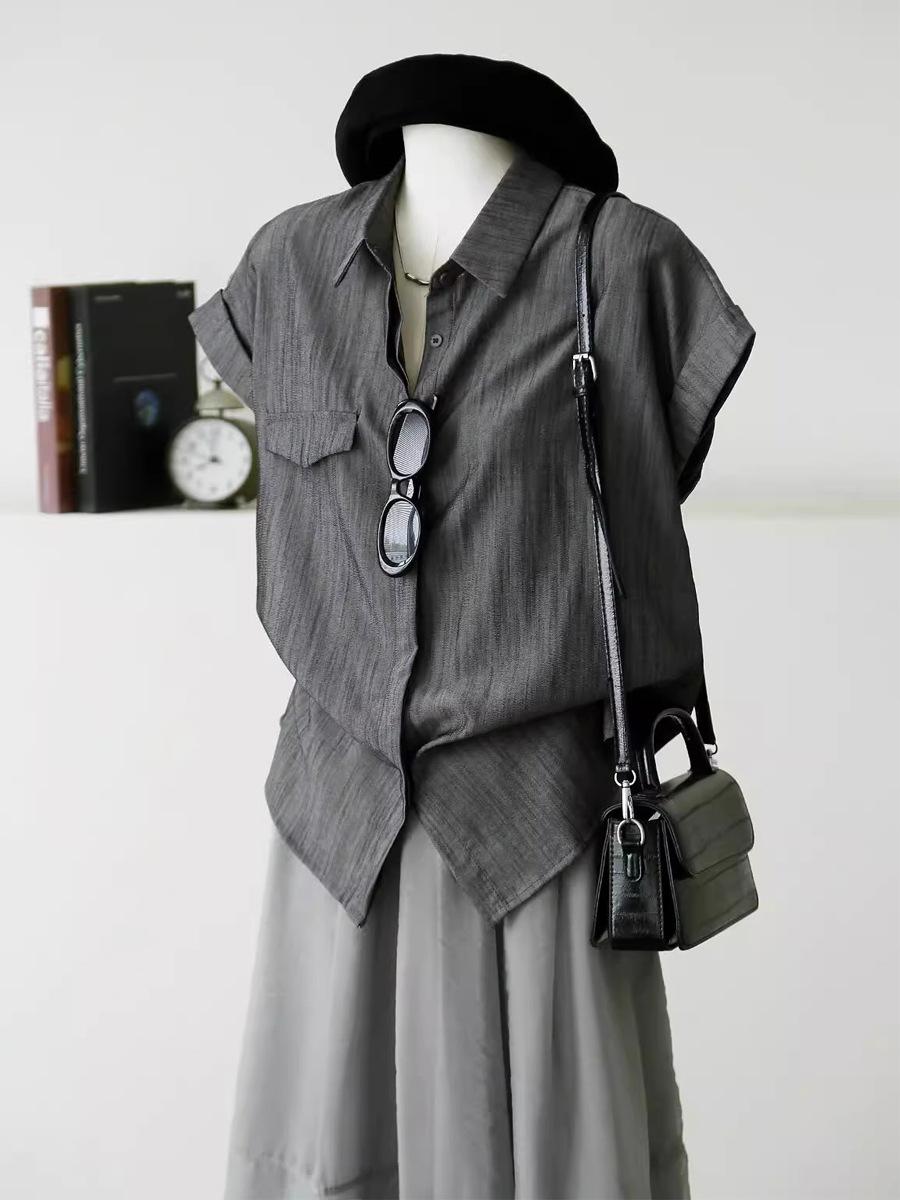 Áo sơ mi nữ ngắn tay dáng rộng chất liệu linen mùa hè — vải lanh màu xám