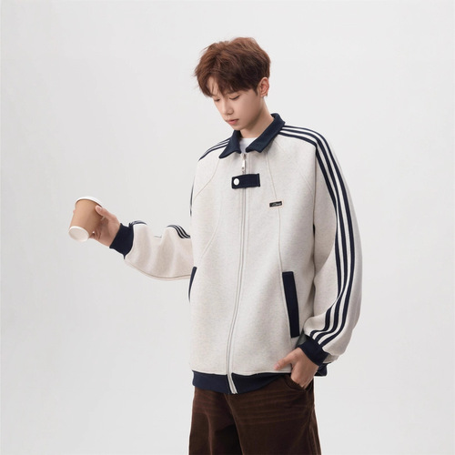 Three-bar stand-neck jacket for men and women's autumn and winter velvet loose preppy style baseball uniform casual sports sweater coat