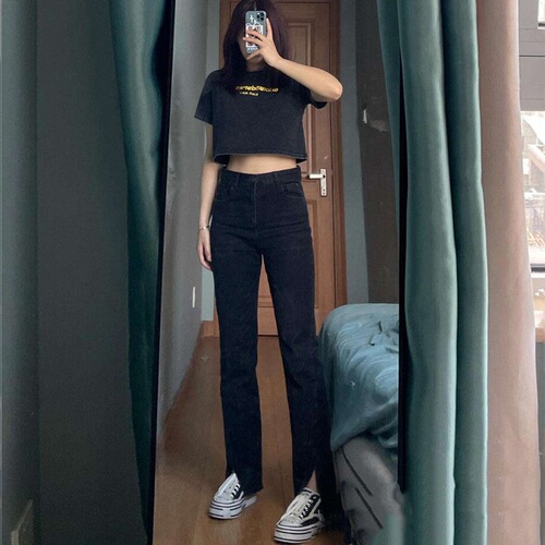 Women's Black Denim Straight-Leg Pants with a Chic Hong Kong Vibe, Loose High-Waisted, Slimming, Flowy, Floor-Length, Trendy
