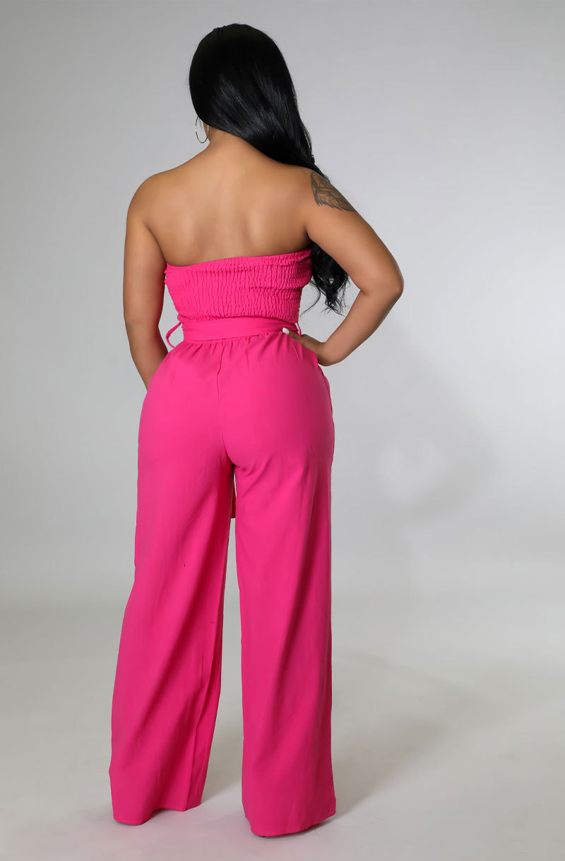 solid color tube top with waist belt wide leg jumpsuit NSXHX127471