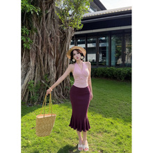 昕可达「娇美温润」法式v领挂脖无袖针织衫辣妹修身包臀半裙套装