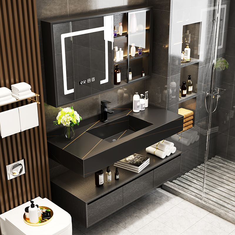 Placa de roca minimalista moderno integrado cuenca baño gabinete combinación hogar Baño lavabo inteligente espejo lateral gabinete
