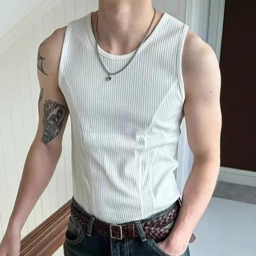2025 New Ribbed I-Beam T-Shirt Fitness Sleeveless T-Back Top Men Elastic Casual Sports Sweatshirt Backless Top T for Summer