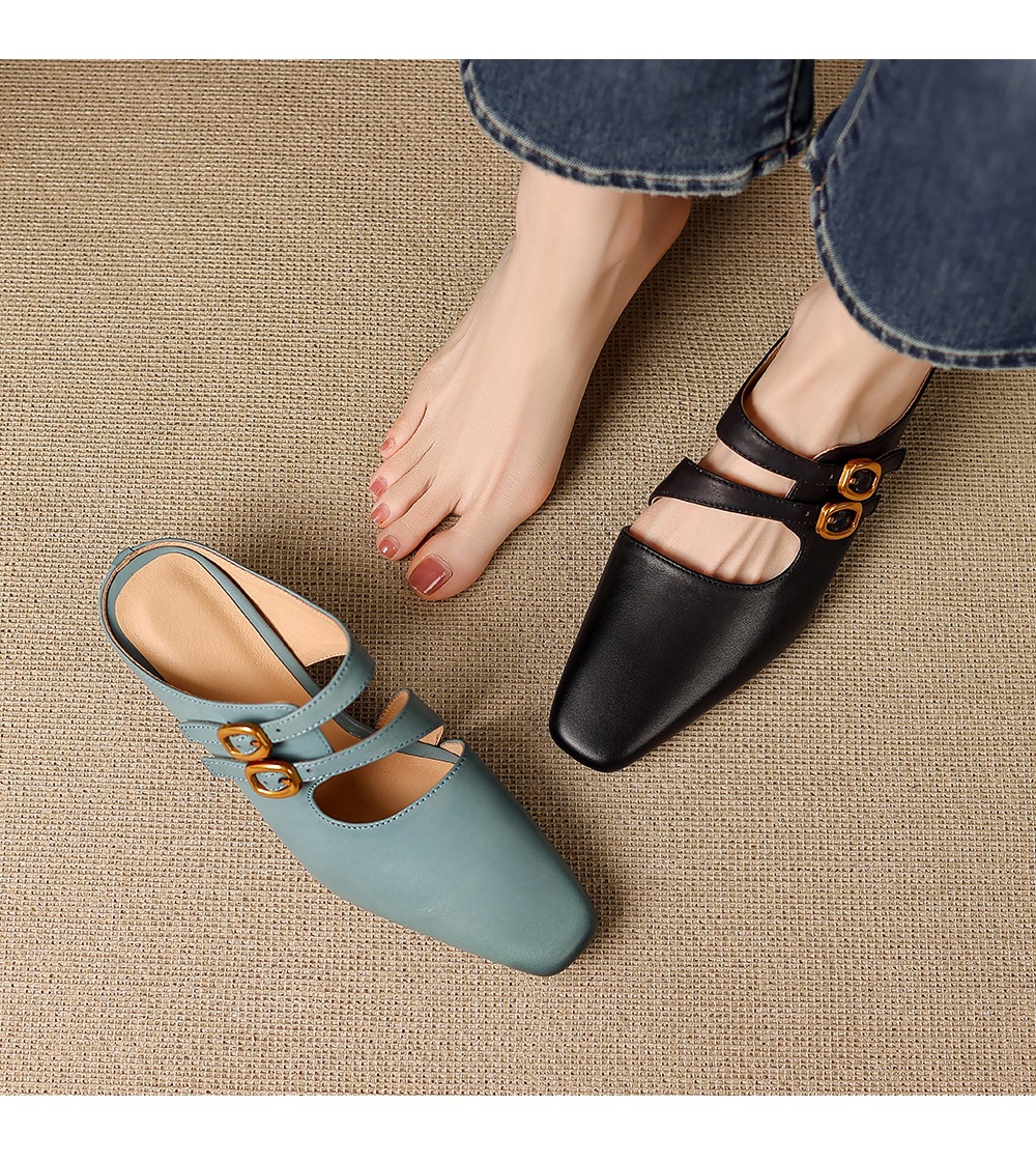 Sandal nữ quai ngang gót vuông ổn định, da bò thật, khóa sau, phong cách Muller — đen chi tiết 1