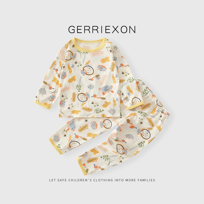 Baby Summer Pajamas Pure Cotton Thin Long-Sleeved Boys Air-Conditioned Clothes Suit Summer Kidsren's Split Clothes Home Clothes