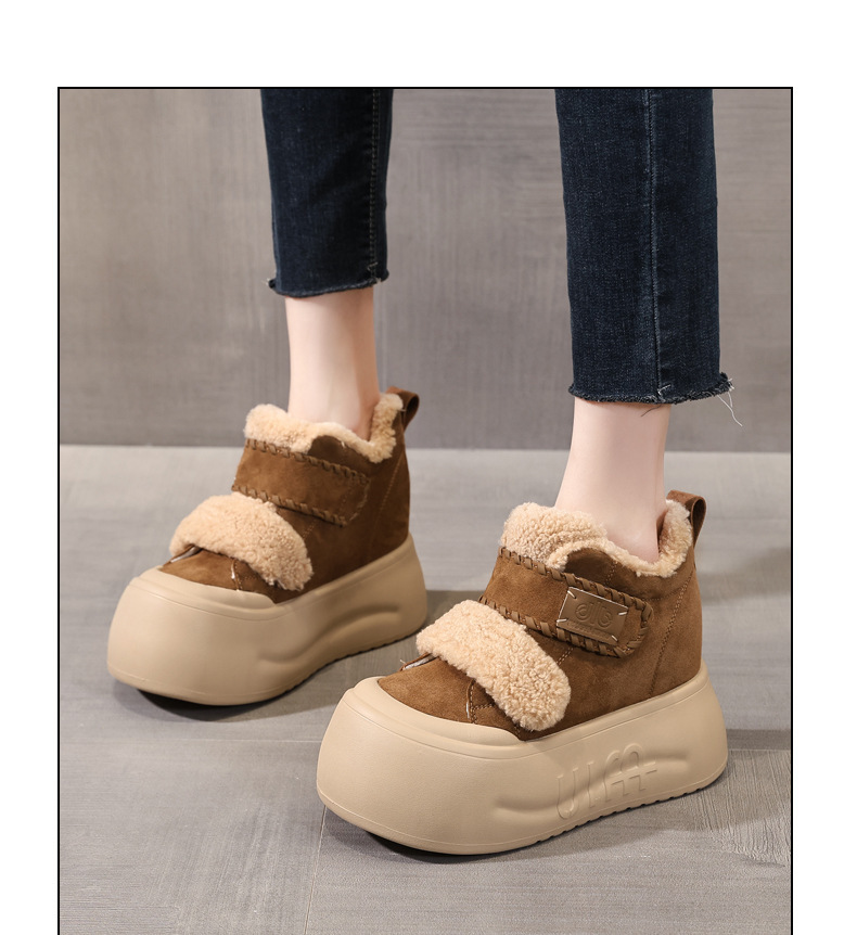 Giày boot nữ cổ cao lót lông cừu đế dày tăng chiều cao, dán Velcro — màu đen chi tiết 11