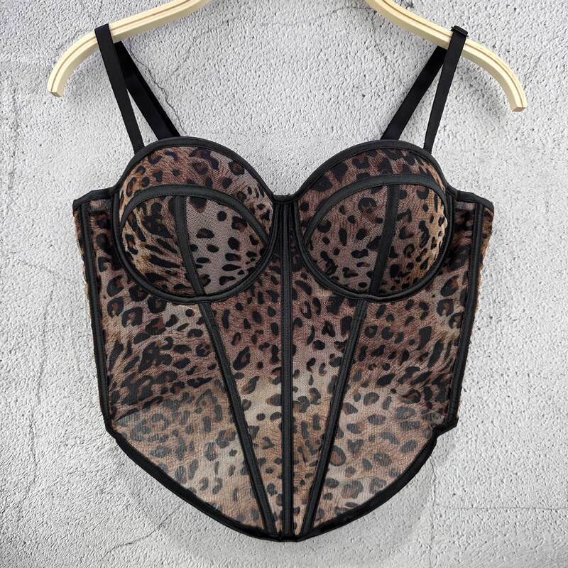 Outer Wear Leopard Print Top Niche Design Stitching Fishbone Lace Mesh Spice Girl High-end Perspective Mesh Small Vest