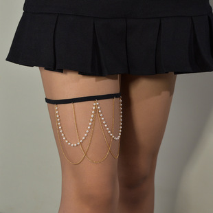 Cross-border European and American sexy beach imitation pearl leg ring body chain simple pearl tassel metal thigh chain