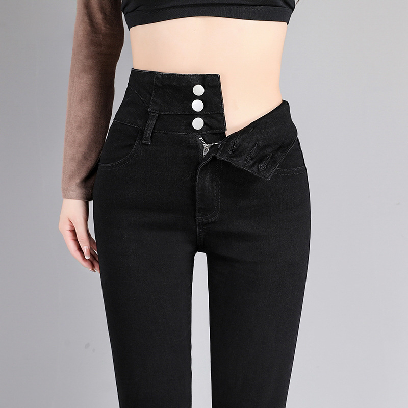 Black slim fit Denim skinny pants hip lifting belly contracting super high waist breasted stretch tight cropped pencil pants for women Black slim fit Denim skinny pants hip lifting belly contracting super high waist breasted stretch tight cropped pencil pants for women