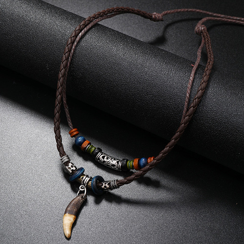 New retro ethnic style clothing accessories personalized dog tooth pendant men's leather necklace multi-layered long necklace