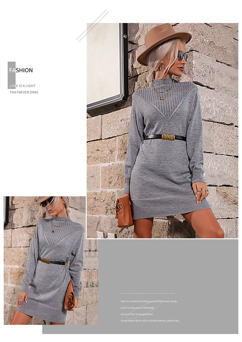 Robes pull coupe ajustée tricotées à demi-col roulé de couleur unie_voghion.com