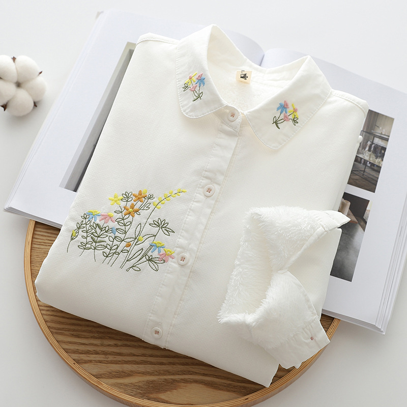 Autumn and Winter fleece-lined Shirt Pure Cotton Artistic Thickened Female Student Small Fresh Warm Inner Casual Base White Shirt