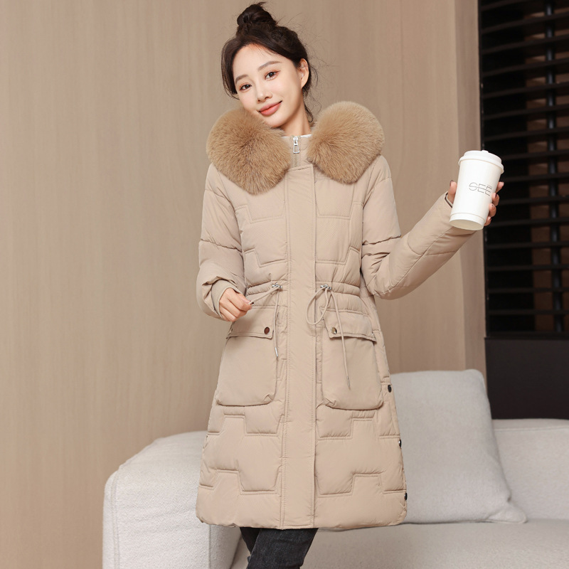 Algodón de invierno de mujer coreana chaqueta de algodón 2025 nuevo estilo coreano de cintura larga delgada chaqueta de algodón de cuello grande engrosado