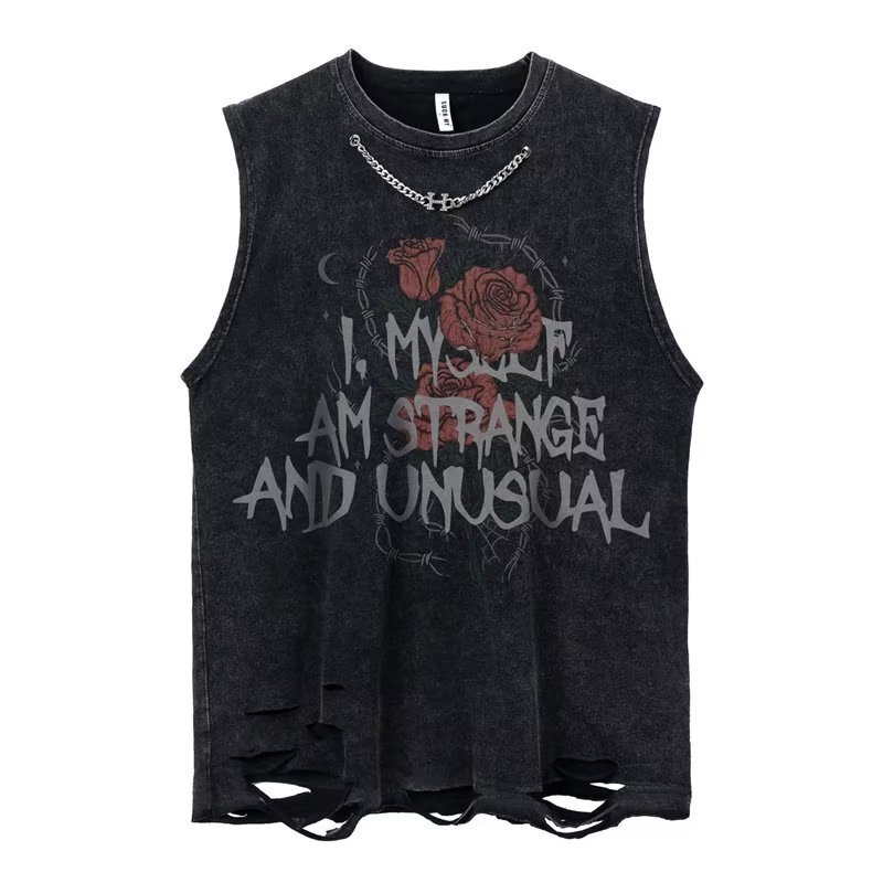 Summer European and American Retro Style Old Washed Waistcoat Ripped Sweat Vest Men's and Women's Ins Fashion Brand Hip-Hop Sleeveless T-Shirt