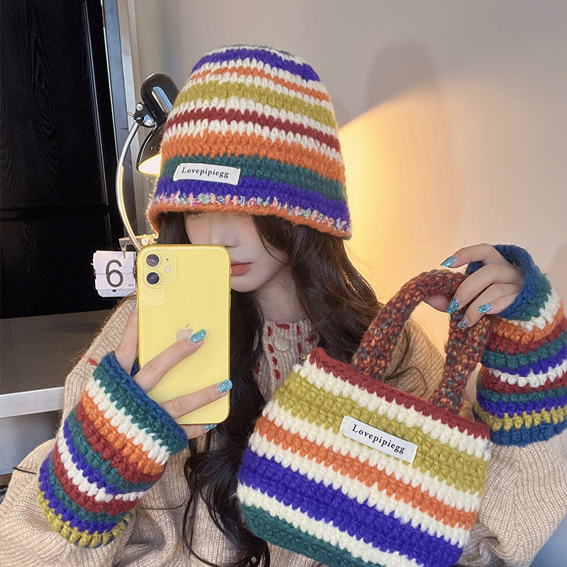 Autumn Winter New Warm Knitted Retro Rainbow Wool Korean Ins Trend Bag Gloves Hat Three-piece Set_voghion.com